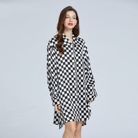 19 Momme Mulberry Silk Checkerboard Print Long Sleeve Shirt Dress