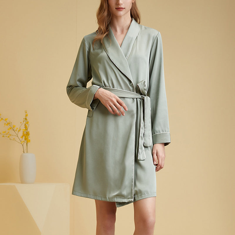 Shawl Collar Trimmed Satin Robe with Tie Wasit