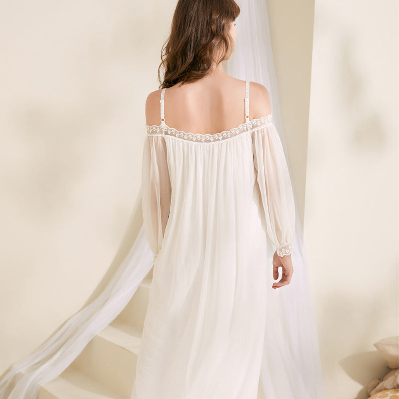 White Off-the-shouler Mesh Long Sleeves Nightgown