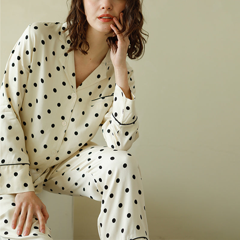 Beige Polka Dots Print Long Sleeved Pajama Set