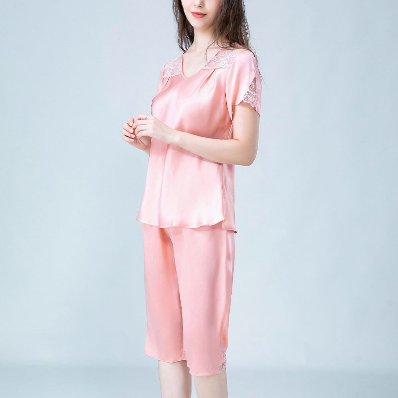 V-Neck Silk Pajamas with Hollow Out Lace Detail