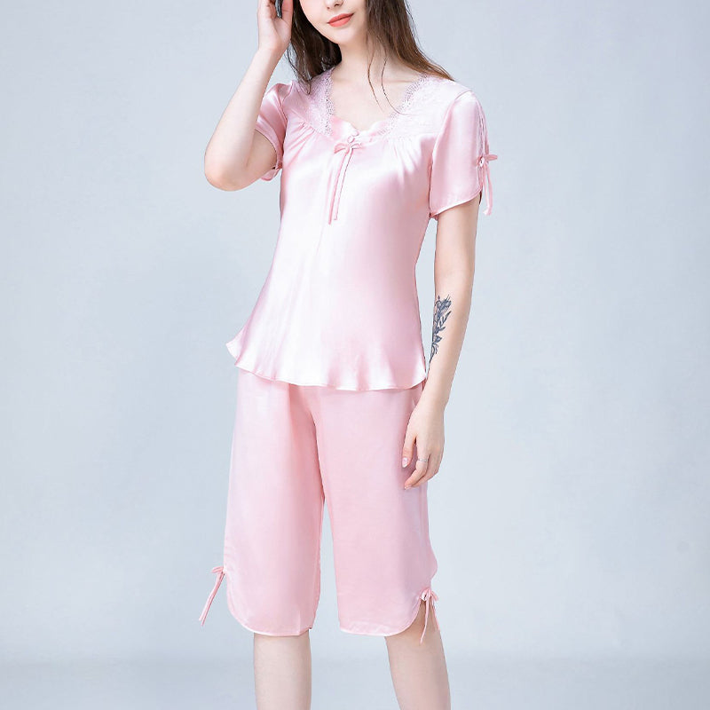 Square Neck Silk Pajamas with Sher Lace Detail