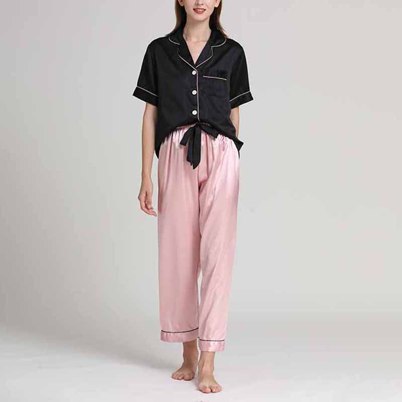Black Short Sleeves Pajama with Pink Pants