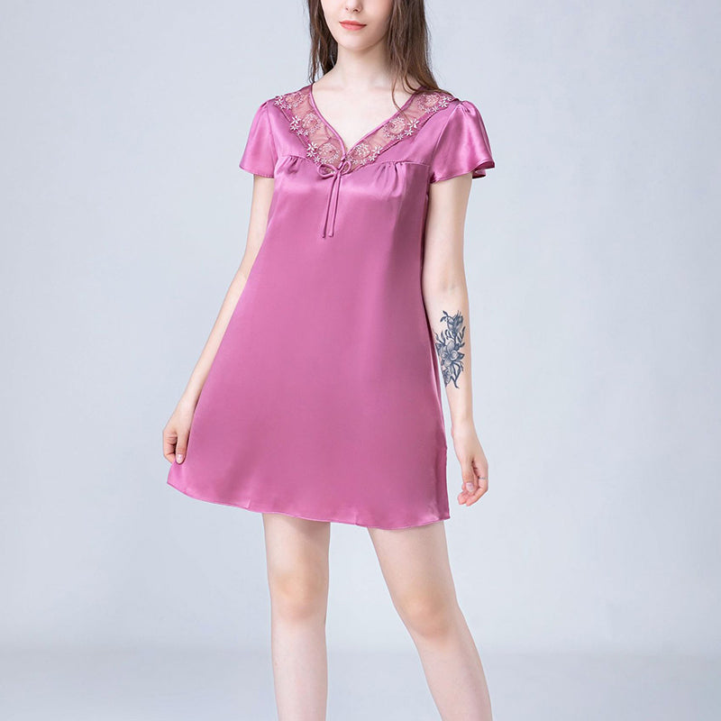 V Neck Hollow Out Lace Silk Nightdress