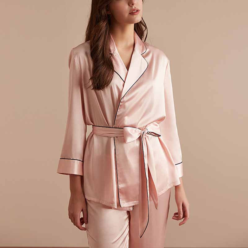 Notched Collar Tie Waist Pajama Set