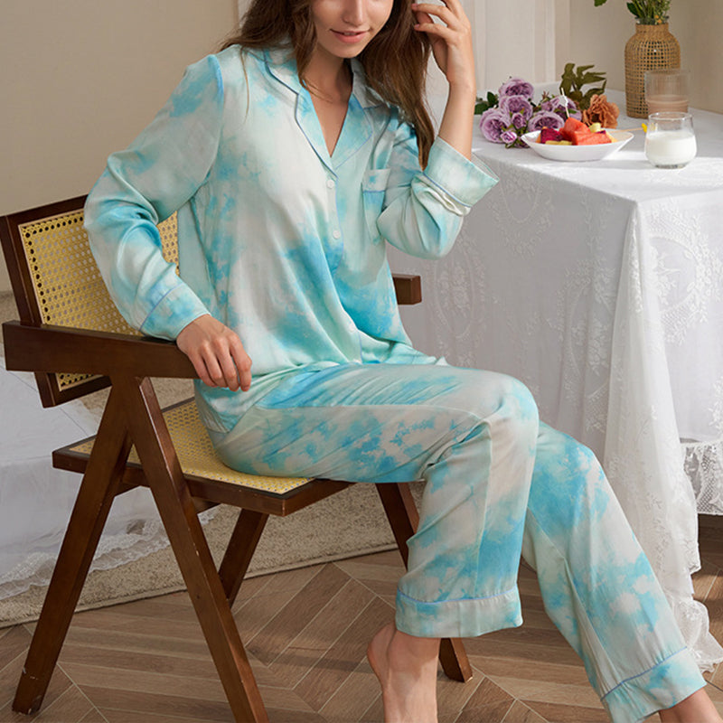 Blue Tie-dye Print Pajama Set