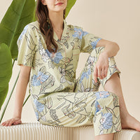 Flowers Printed Trimmed Short Sleeved Pajama Set