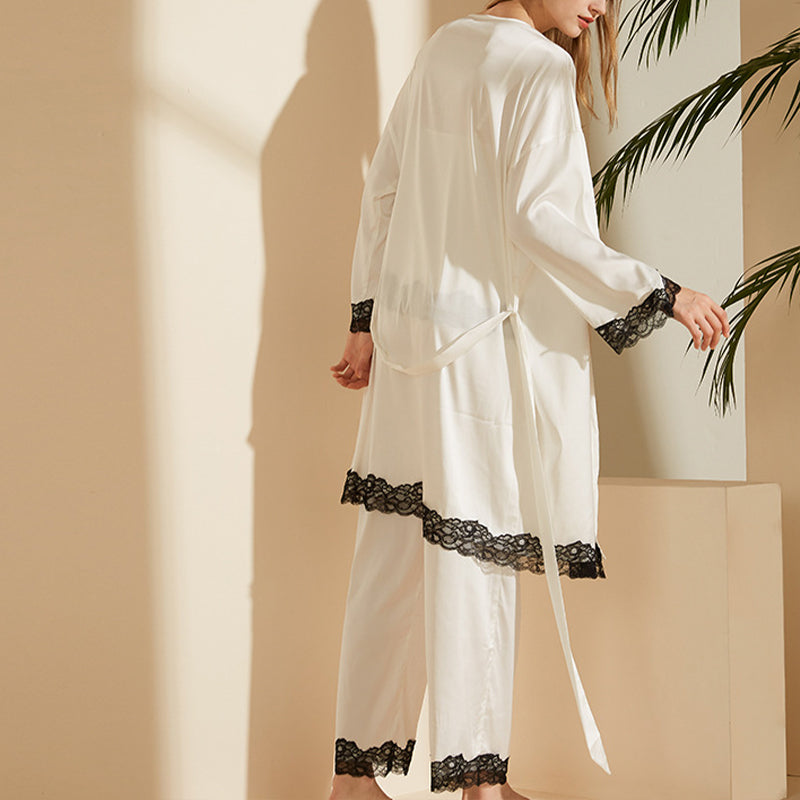 White Lace Trimed Long Pajama Set