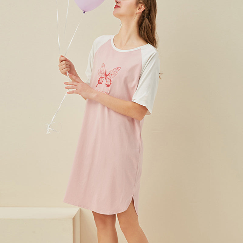 Pink Butterfly Printed Short Sleeves Sleepdress