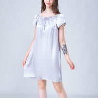 Flower Embroidered Tie Collar Silk Nightdress