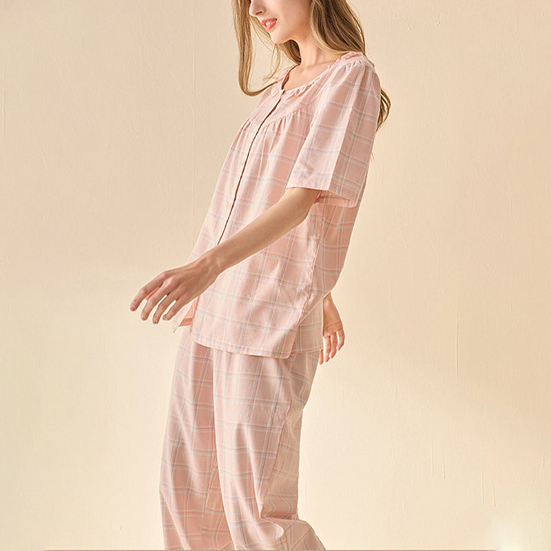 Pink Check Print Round Neck Pajama Set