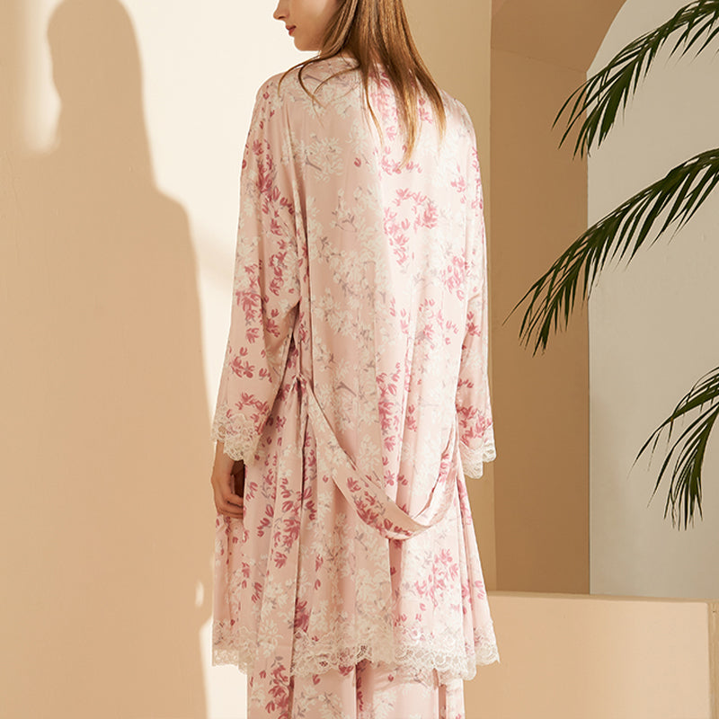 Pink Floral Printed Robe Set with Lace Detail