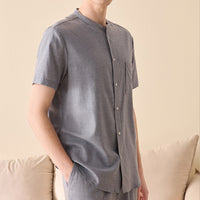 Men's Solid Color Stand Collar Pure Cotton Pajamas Set