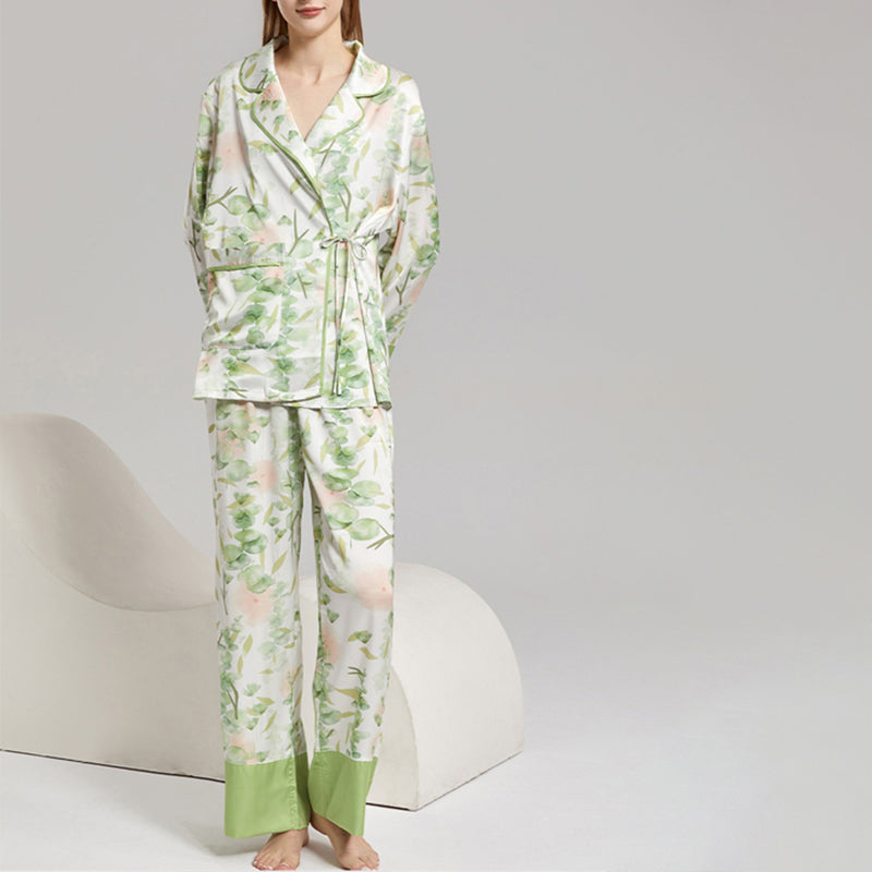 Green Trimmed Floral Print Pajama Set