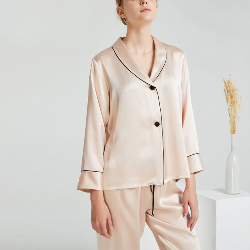 Shawl Collar Trimmed Silk Pajama Set