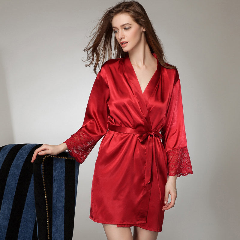 Solid Color Lace Silk Night-robe