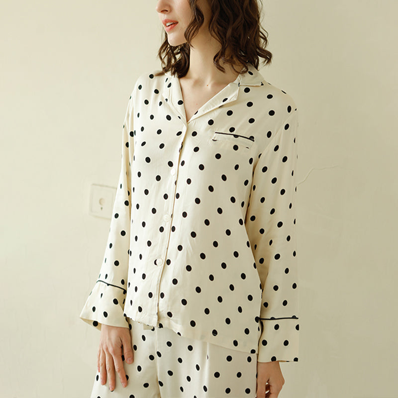 Beige Polka Dots Print Long Sleeved Pajama Set