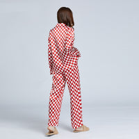 19 Momme Mulberry Silk Checkerboard Print Long Sleeve Trousers Pajamas Set