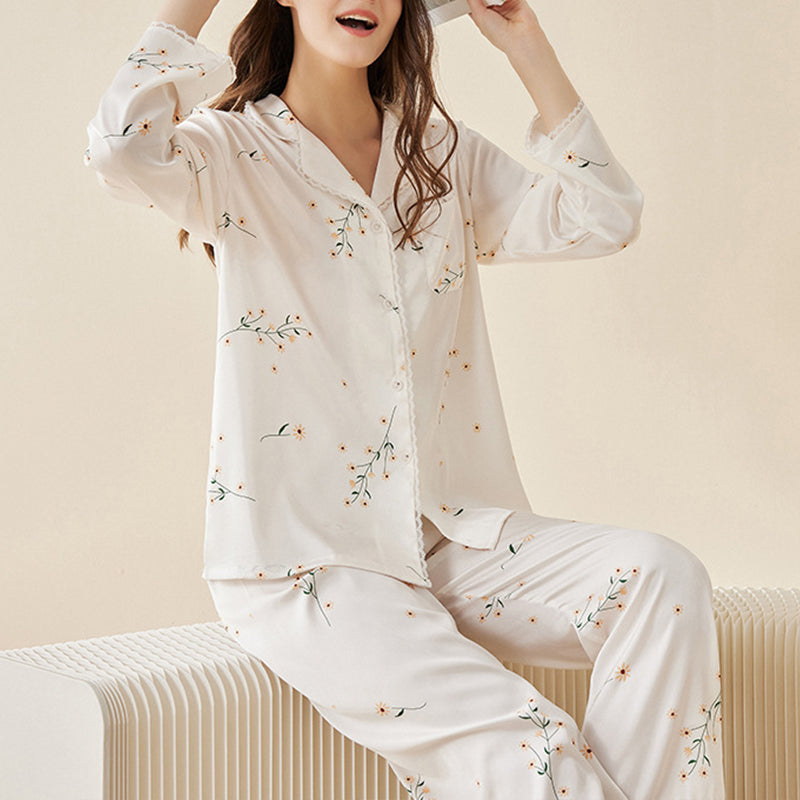 Flowers Printed Lace Trimmed Pajama Set