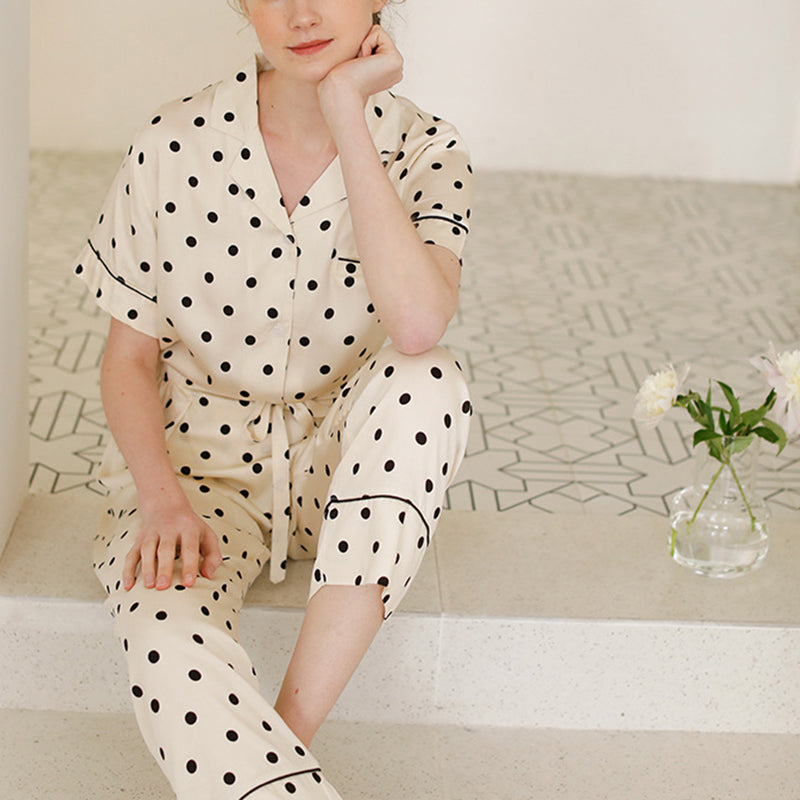 Beige Polka Dots Print Short Sleeved Pajama Set