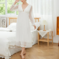 White V Neck Mesh Long Sleeves Nightgown