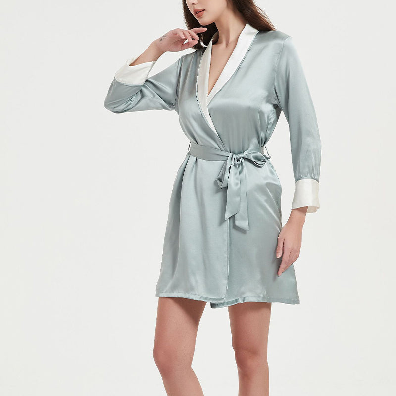 Color Block Tie Waist Silk Robe