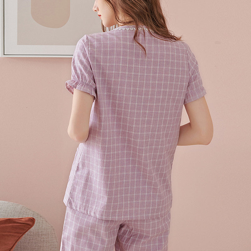 Purple Round Neck Check Print Pajama Set