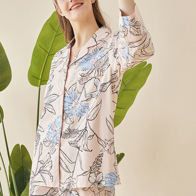 Flowers Printed Trimmed Pajama Set