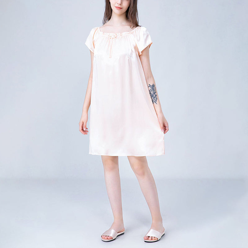 Flower Embroidered Tie Collar Silk Nightdress