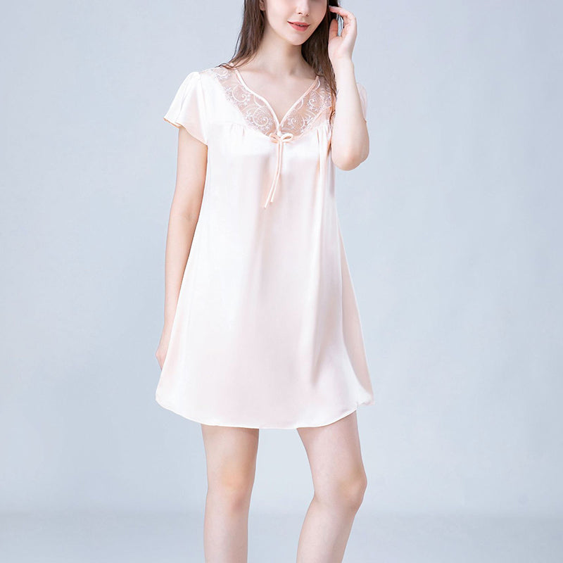 V Neck Hollow Out Lace Silk Nightdress