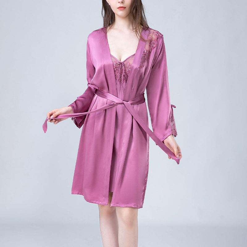 Floral Hollow Out Lace Nightdress and Robe Set