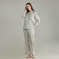 19 Momme Mulberry Silk Pinstriped Long Sleeve Trousers Pajamas Set