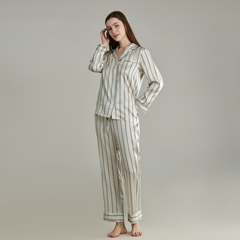 19 Momme Mulberry Silk Pinstriped Long Sleeve Trousers Pajamas Set