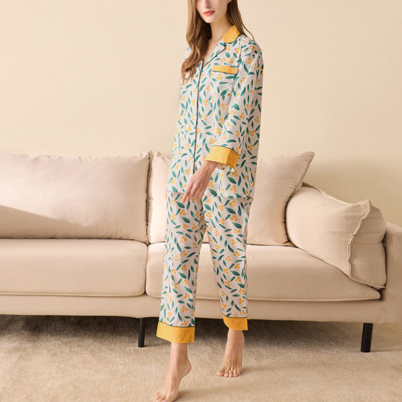 Leaves Printed Trimmed Pajama Set