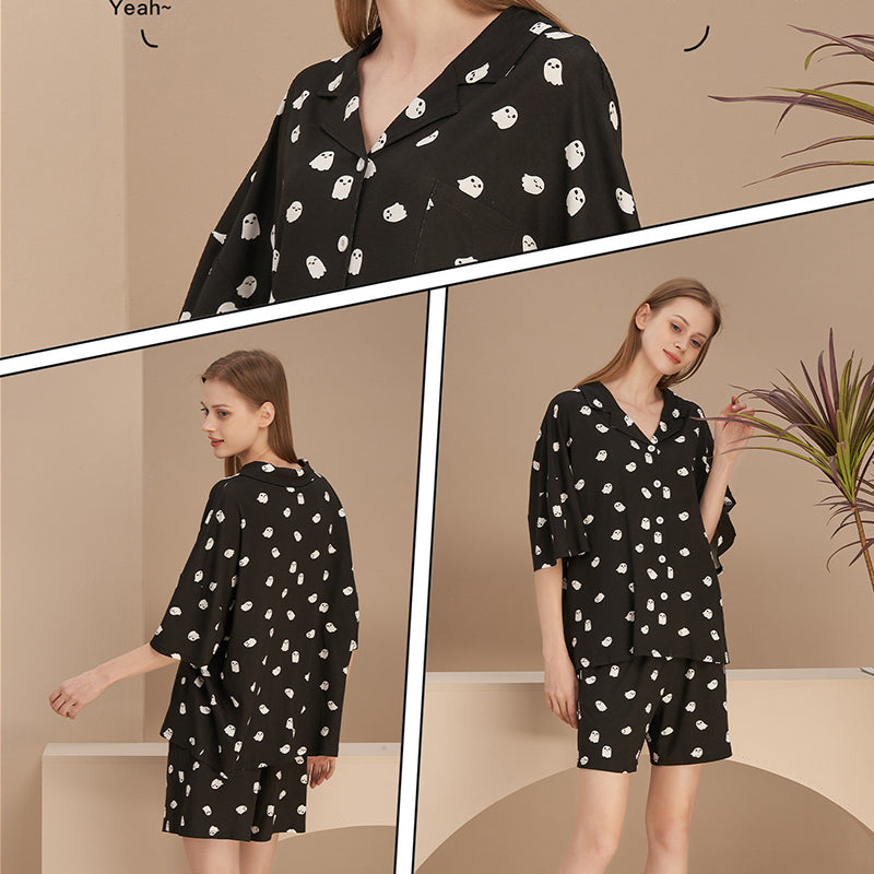 Cute Black Ghost Print Short Pajama Set