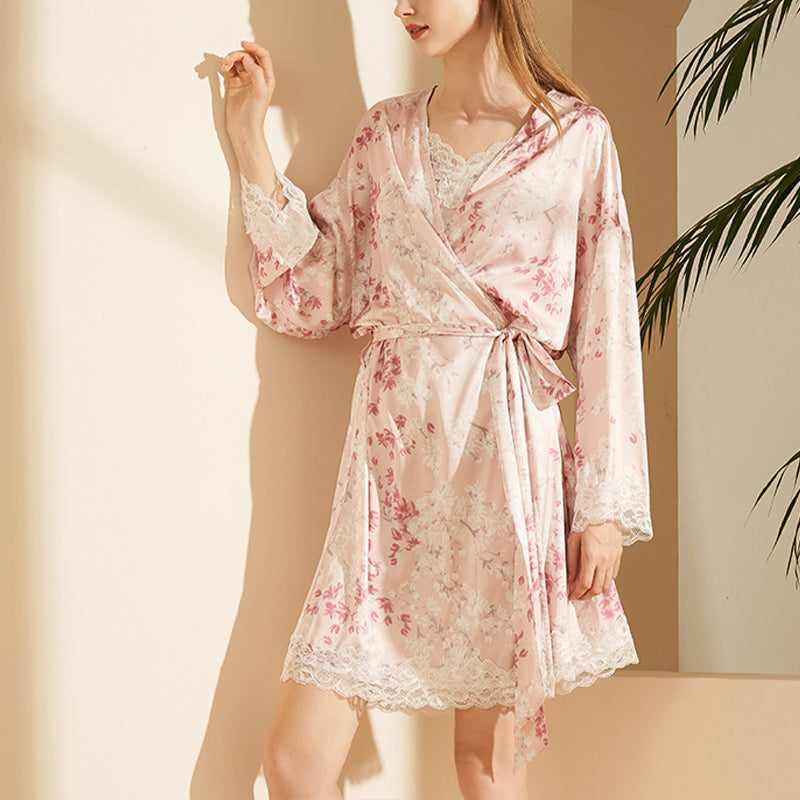Pink Floral Printed Pajama Set with Lace Detail