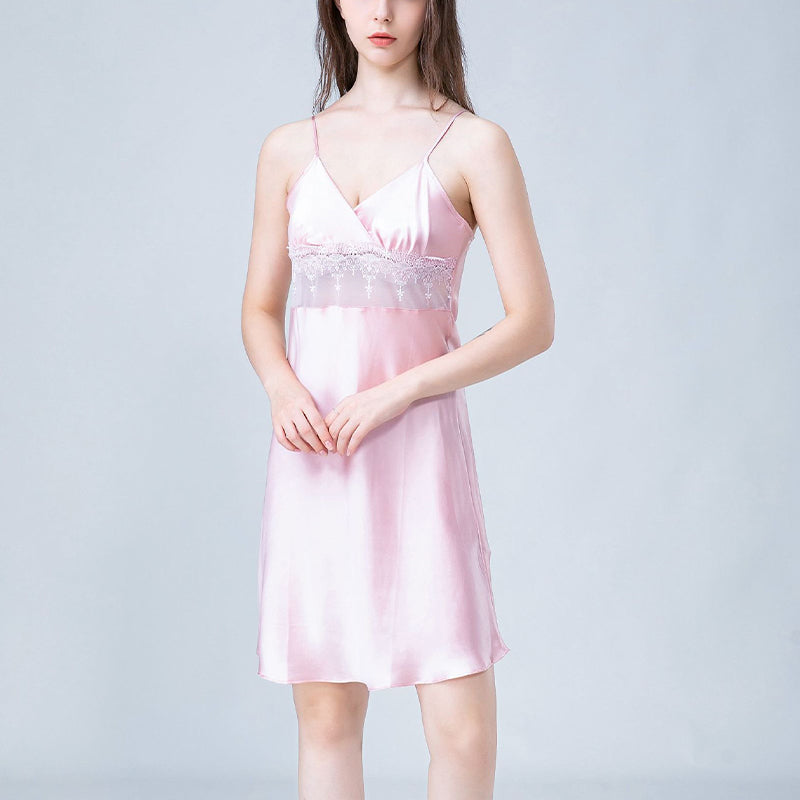 Eyelash Lace Panel Silk Cami Sleep Dress