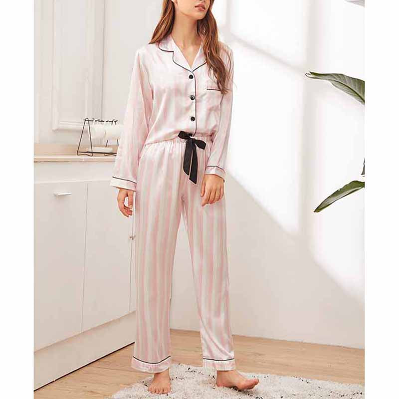 Pink Wide Stripe Satin Pajama Set