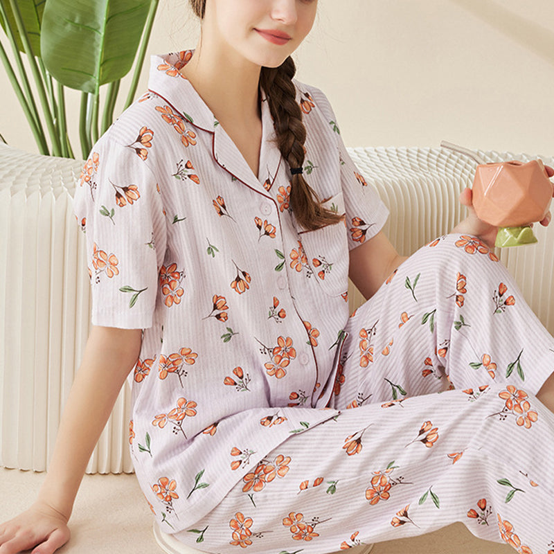 Floral Print Cotton Short Sleeved Pajama Set