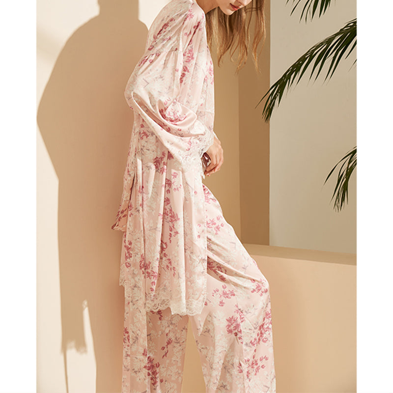 Pink Floral Printed Robe Set with Lace Detail