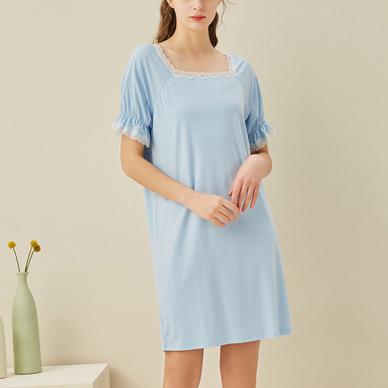 Blue Square Neck Short Sleeves Sleepdress