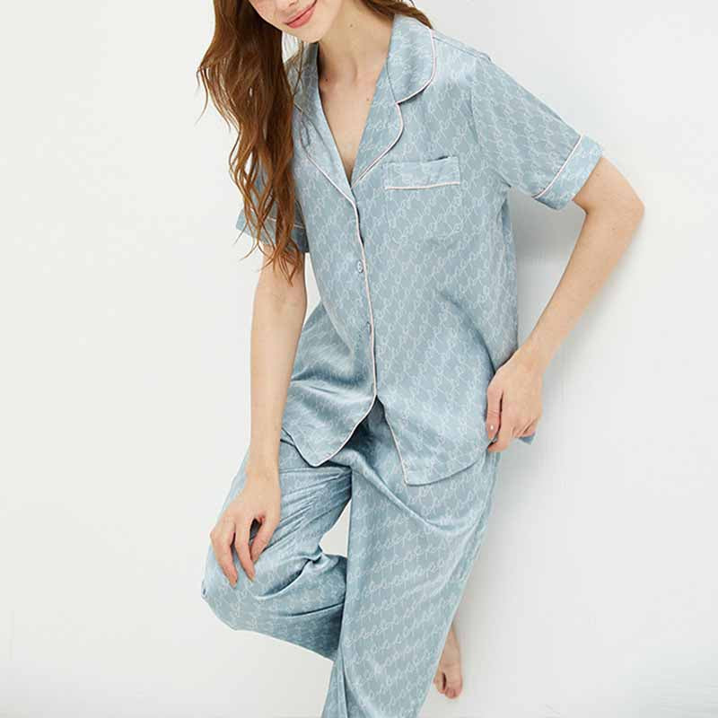 Light Blue Satin Short Sleeves Pajama Set