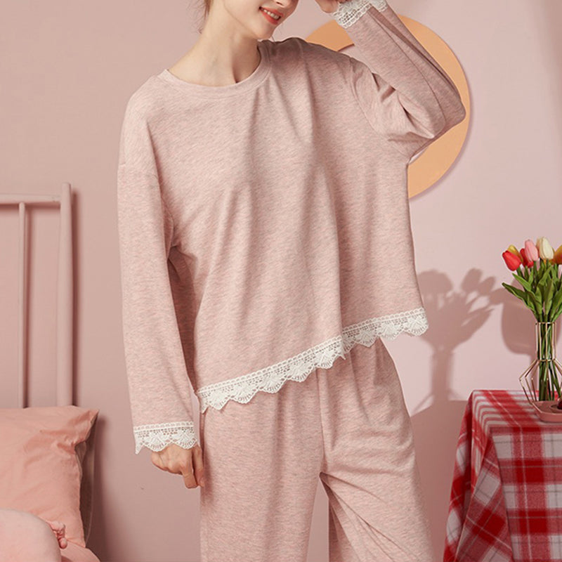 Pink Round Neck Pajama Set with Lace Trim