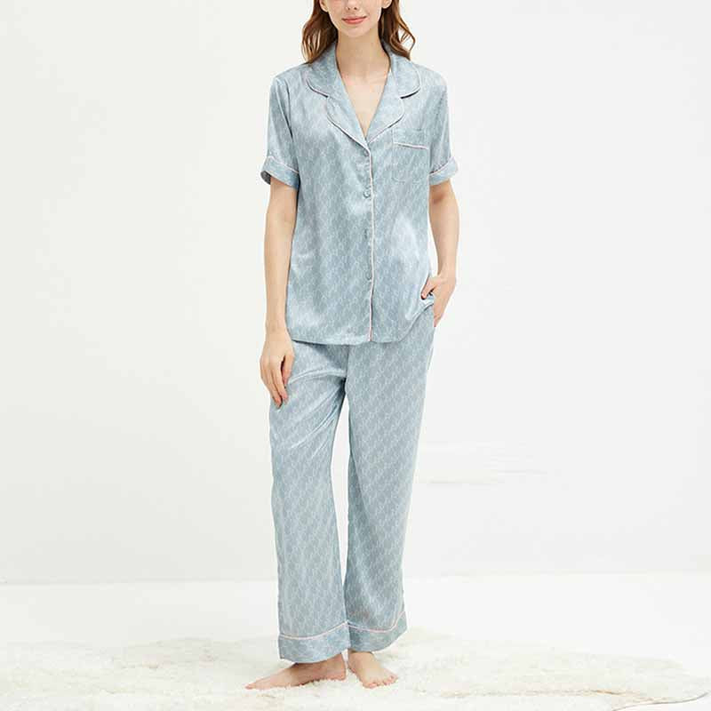 Light Blue Satin Short Sleeves Pajama Set