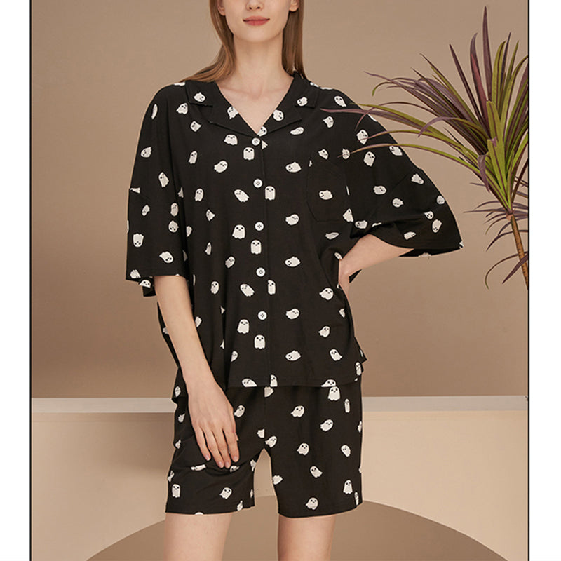 Cute Black Ghost Print Short Pajama Set