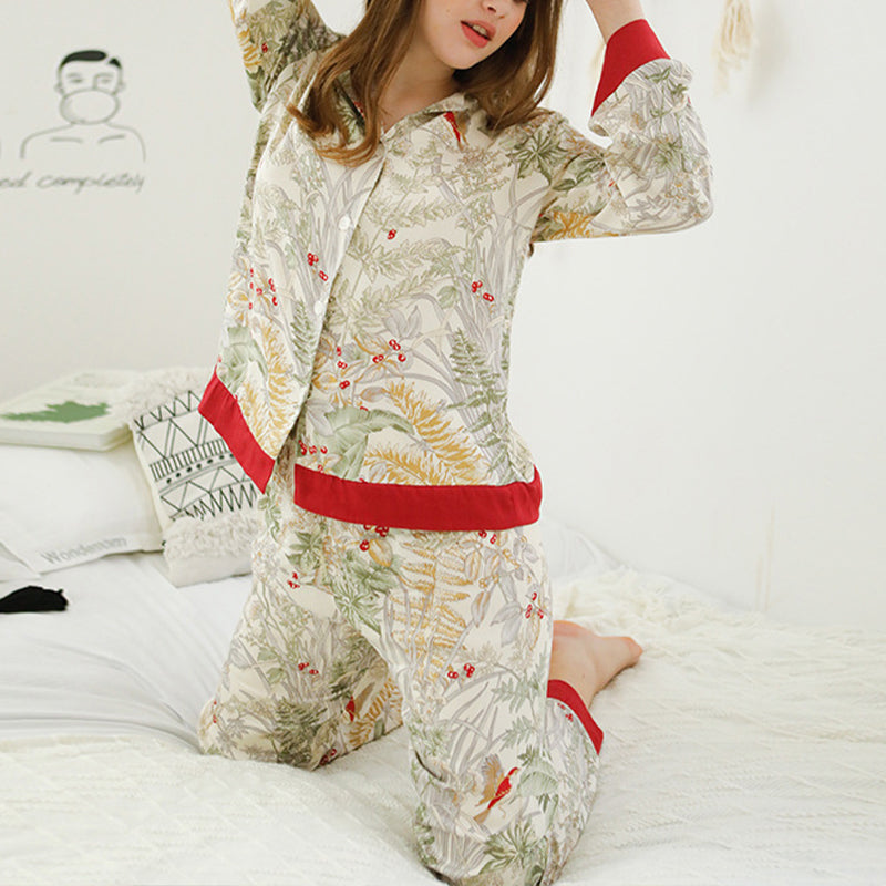 Flowers Print Trimmed Long Sleeved Pajama