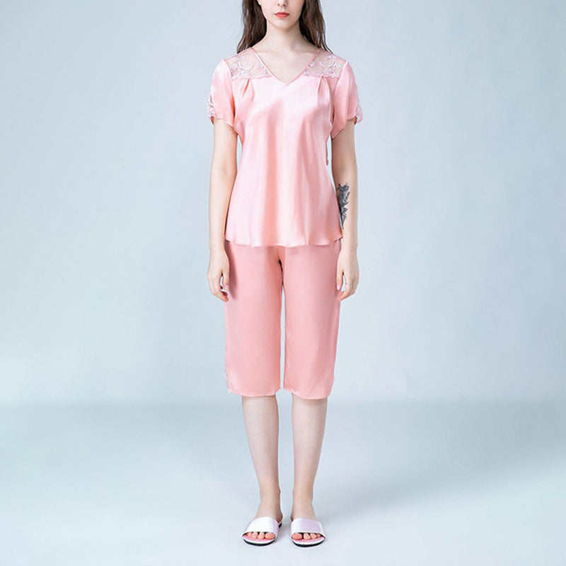 V-Neck Silk Pajamas with Hollow Out Lace Detail