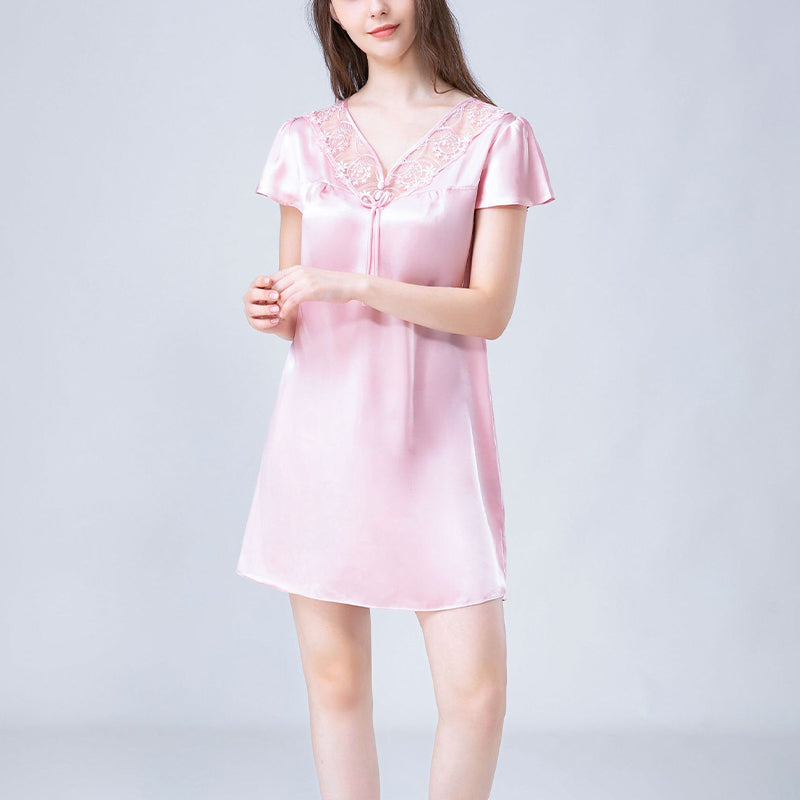 V Neck Hollow Out Lace Silk Nightdress