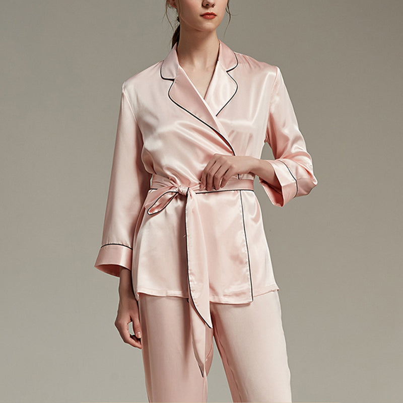 Pink Trimmed Notched Collar Pajama Set