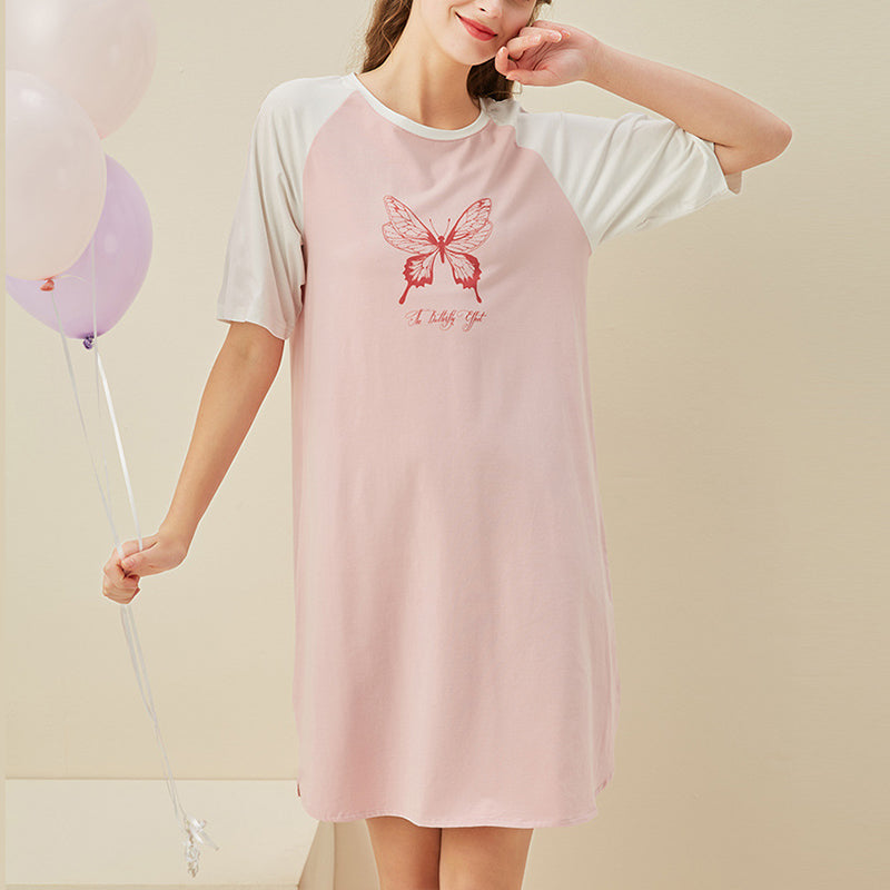 Pink Butterfly Printed Short Sleeves Sleepdress